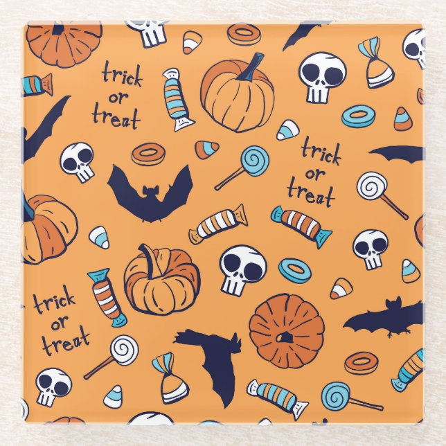 Candy Skull Pumpkin Bat Seamless Pattern. Glass Coaster (Front)