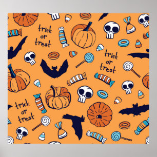 Candy Skull Pumpkin Bat Seamless Pattern. Poster