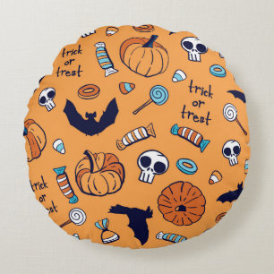 Candy Skull Pumpkin Bat Seamless Pattern. Round Cushion