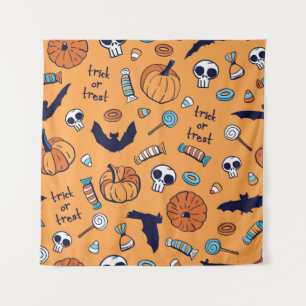 Candy Skull Pumpkin Bat Seamless Pattern. Tapestry