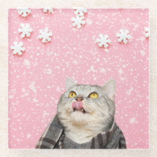 Candy Snowflake Cat Glass Coaster