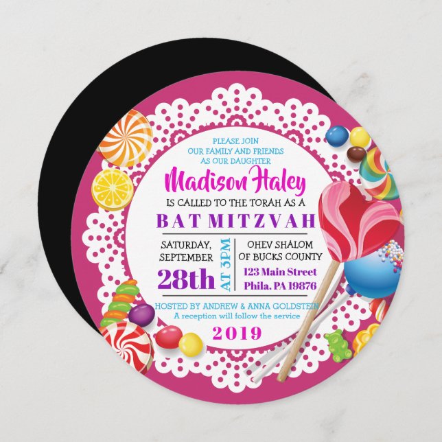 CANDY STORE ROUND Bat Mitzvah Invitation (Front/Back)