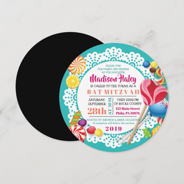 CANDY STORE ROUND Bat Mitzvah Invitation (Front/Back)