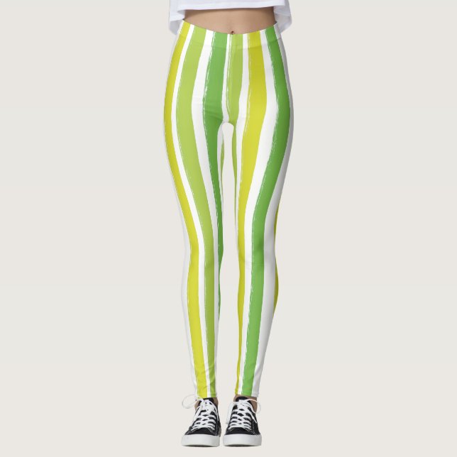 Candy Stripe Art Green and White Vertical Striped Leggings (Front)