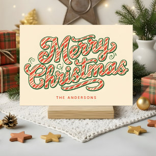 Candy Stripe Retro Script Merry Christmas Holiday Card
