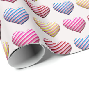 Candy Striped Pastel Colour Hearts Wrapping Paper