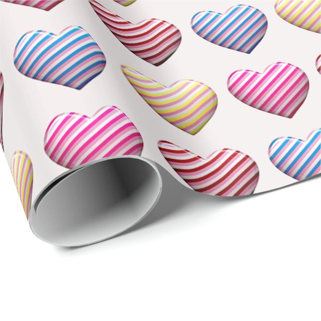 Candy Striped Pastel Colour Hearts Wrapping Paper (Roll Corner)