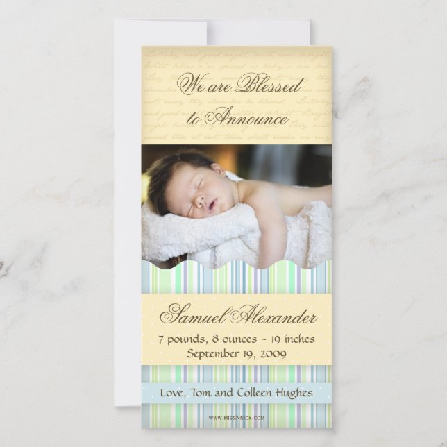 Candy Striped Photo Card: Boy Announcement (Front)