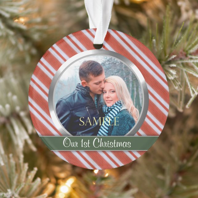 Candy Stripes First Christmas Photo Template Ornament (Tree)