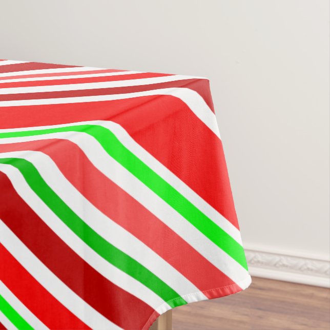 Candy Stripes Red White Green Festive Diagonal Tablecloth (In Situ)