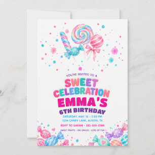 Candy Sweet Celebration Watercolor Birthday Invitation
