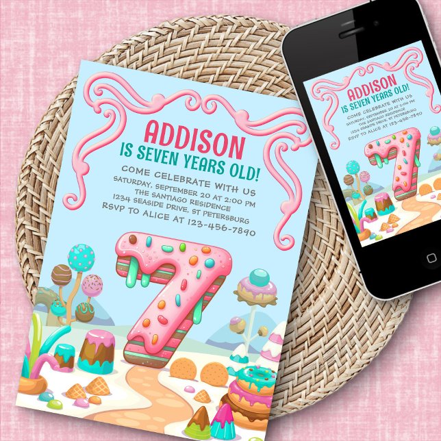 Candy Sweet Girl's Candyland 7th Birthday Invitation (Creator Uploaded)