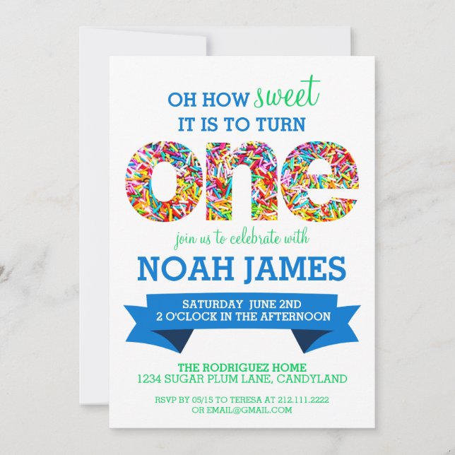 Candy Theme 1st Birthday Party Sprinkles BLUE Invitation (Front)