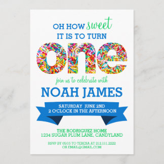 Candy Theme 1st Birthday Party Sprinkles BLUE Invitation