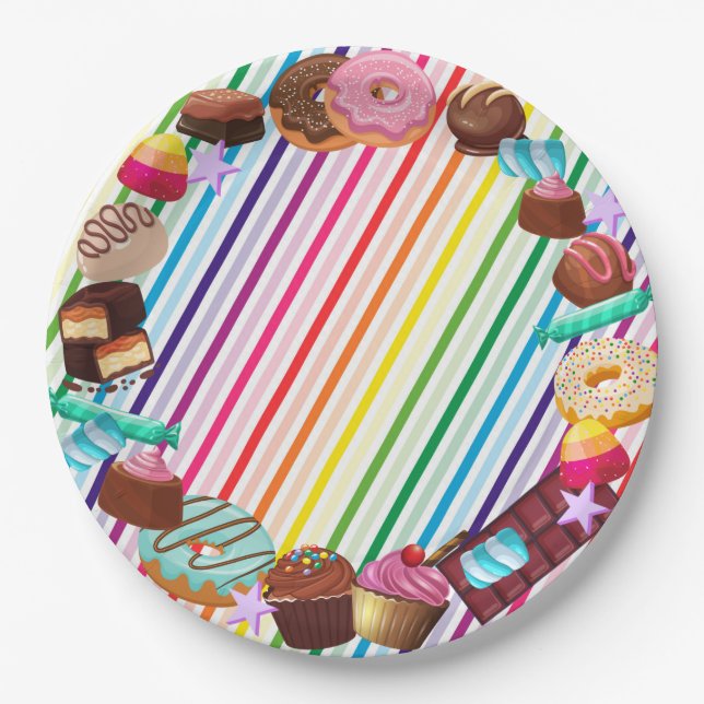 Candy theme, chocolate, food, doughnuts, rainbow p paper plate (Front)