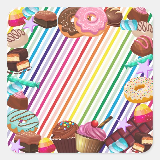 Candy theme, chocolate, food, doughnuts, rainbow p square sticker (Front)