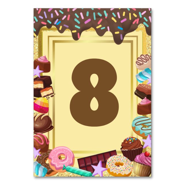 Candy theme, chocolate, food, doughnuts, rainbow p table number (Front)