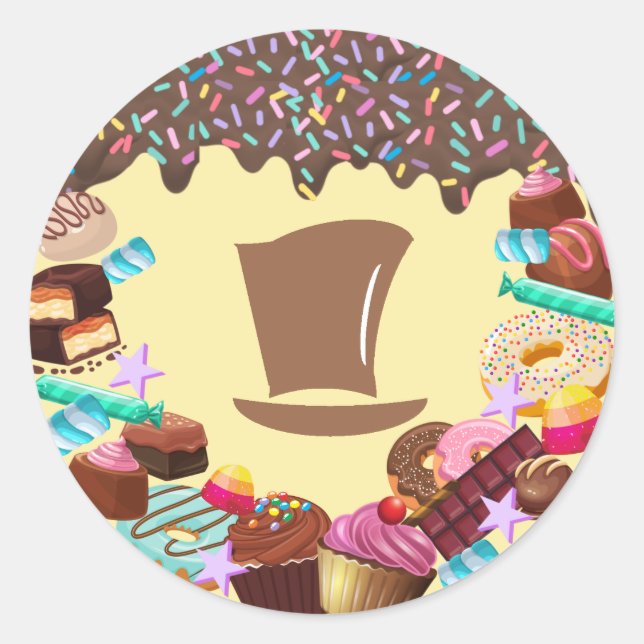 Candy theme, chocolate, golden ticket, rainbow classic round sticker (Front)