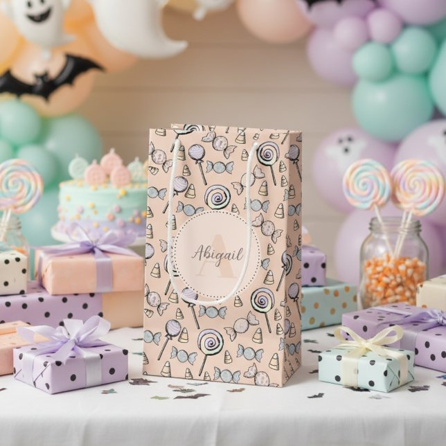 Candy Theme Pastel Orange Small Gift Bag (Cute Gender Neutral Pastel Orange Candy Theme Gift Bag for Baby Girl / Boy. Candy & Lollipop Pattern)
