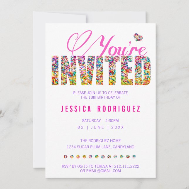 Candy Theme Sprinkles Birthday Party Invitation (Front)