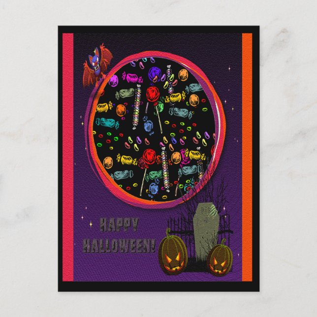 Candy, Tombstone and Jack o' Lanterns Postcard (Front)