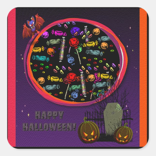 Candy, Tombstone and Jack o' Lanterns Square Sticker (Front)