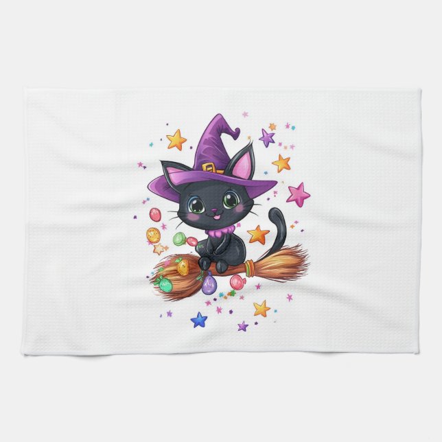 Candy Witch Cat Tea Towel (Horizontal)