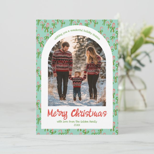 Candycanes Bows Cute Christmas Custom Arch 5 Photo Holiday Card (Standing Front)