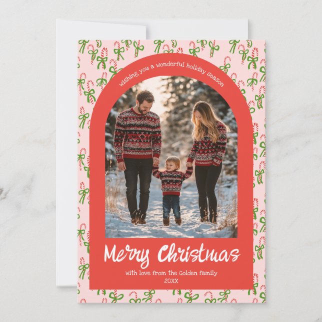 Candycanes Pink Red Christmas Custom Arch 5 Photo  Holiday Card (Front)