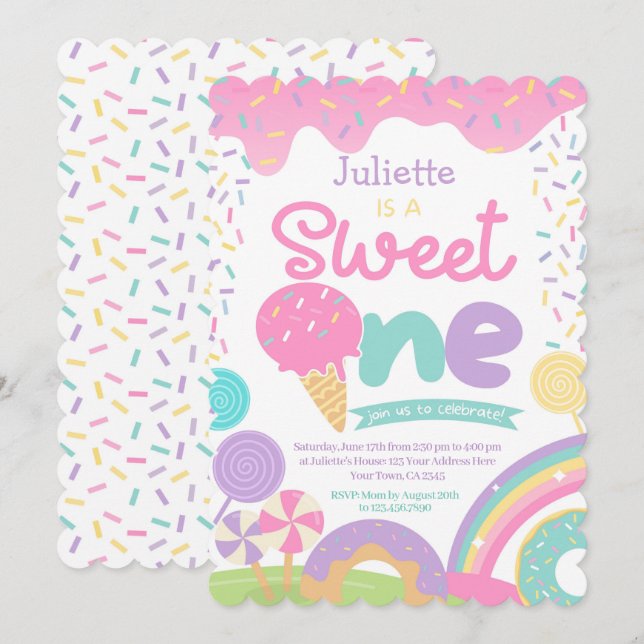 Candyland and Ice Cream 1st Birthday Invitation (Front/Back)