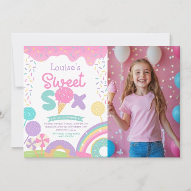 Candyland and Ice Cream, 6th Birthday Invitation (Front)