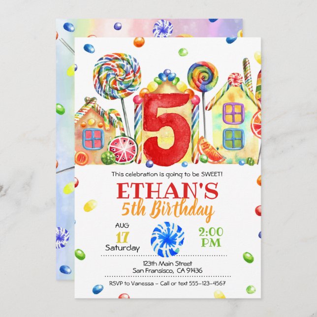Candyland Candy Invitation for Candy Theme - 5th (Front/Back)