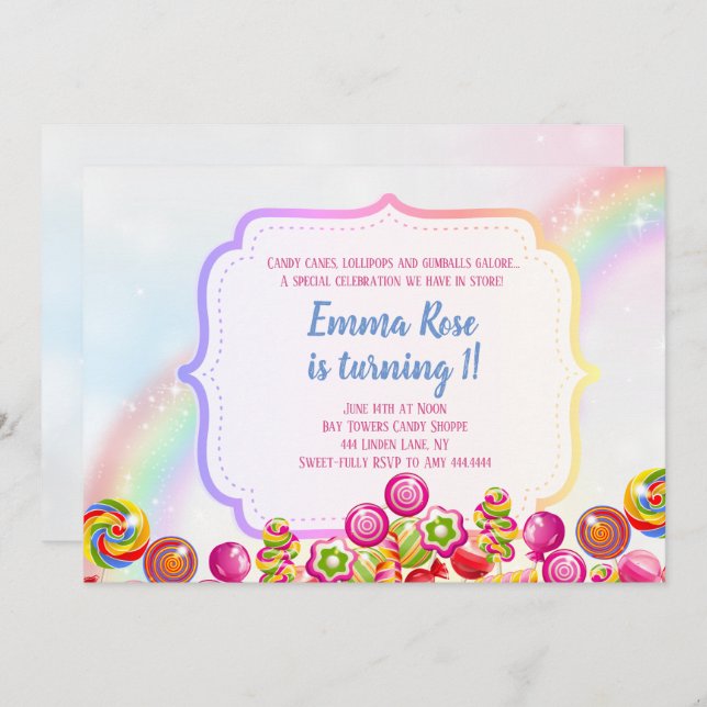 Candyland candy theme birthday party invitation (Front/Back)