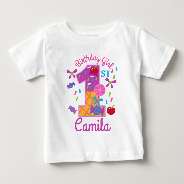 Candyland First Birthday lollipop Baby T-Shirt (Front)