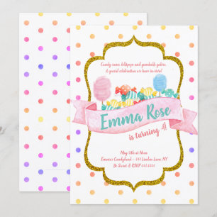 Candyland Gold Polka dot Birthday Party Invitation