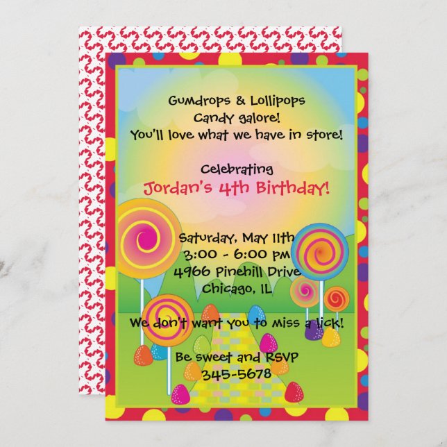 Candyland : Red Sugary Sweet Lollipops Candy  Invitation (Front/Back)