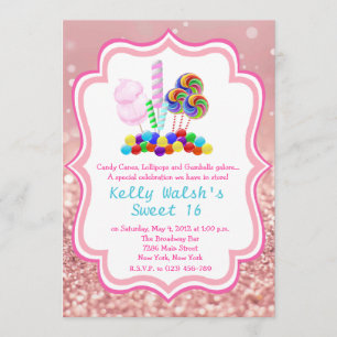 Candyland Rose Gold Glitter Sweet 16 Invitation