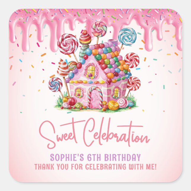 Candyland Sweet Celebration Birthday Thank You Square Sticker (Front)