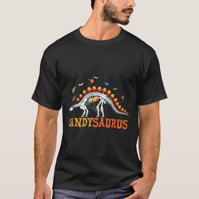 Candysaurus Candy Corn Dinosaur Skeleton Happy Hal T-Shirt (Front)