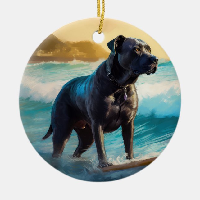 Cane Corso Beach Surfing Painting Ceramic Ornament (Front)