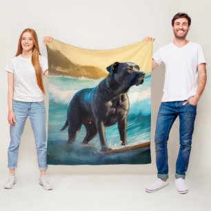 Cane Corso Beach Surfing Painting Fleece Blanket