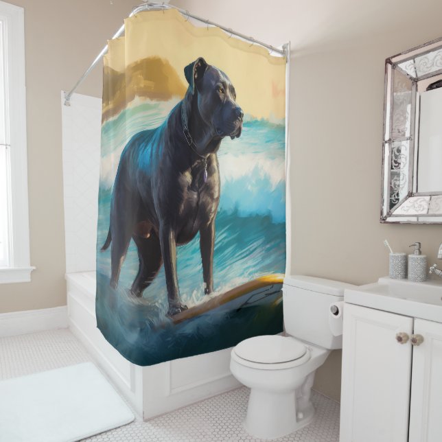 Cane Corso Beach Surfing Painting Shower Curtain (In Situ)