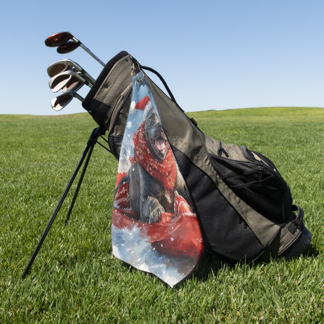 Cane Corso Dog in Sledge Let it Snow Christmas Golf Towel (Green)