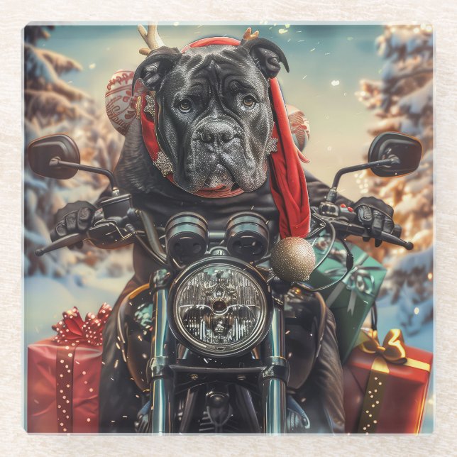 Cane Corso Dog Riding Motorcycle Christmas  Glass Coaster (Front)