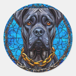 Cane Corso Dog With Chains in Blue Stained Glass Classic Round Sticker