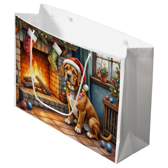Cane Corso Fireplace with Christmas Lights Large Gift Bag (Front Angled)