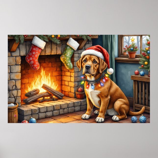 Cane Corso Fireplace with Christmas Lights Poster (Front)