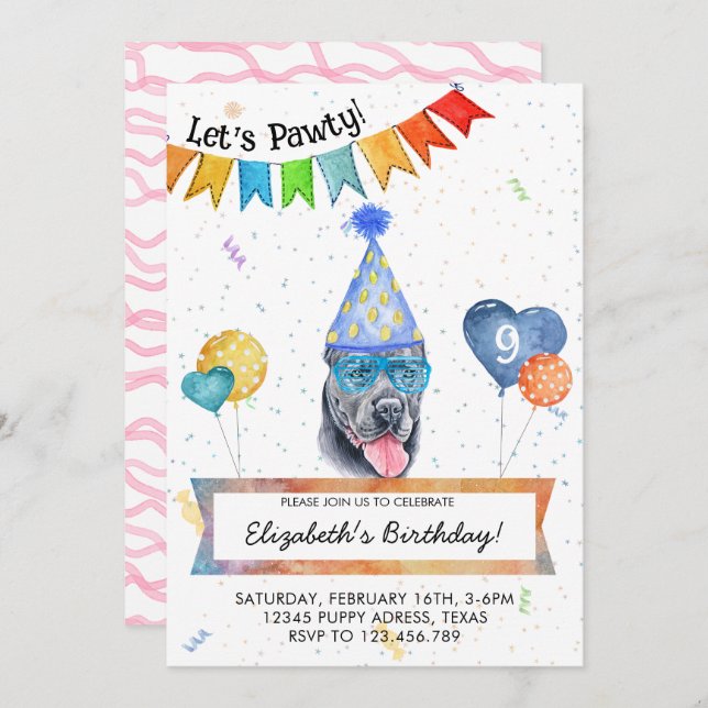 Cane Corso Lets Pawty Dog Birthday Party Invitation (Front/Back)