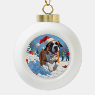 Cane Corso Running in Snow with Christmas Hat Ceramic Ball Christmas Ornament