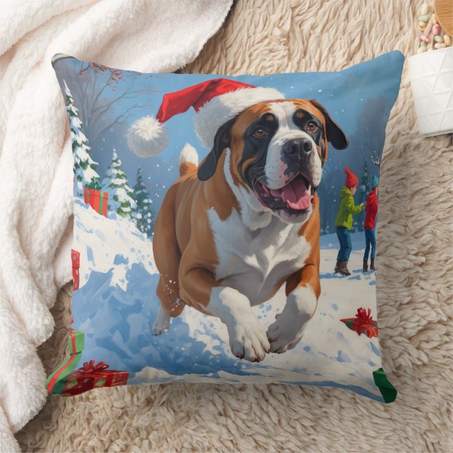 Cane Corso Running in Snow with Christmas Hat Cushion (Blanket)